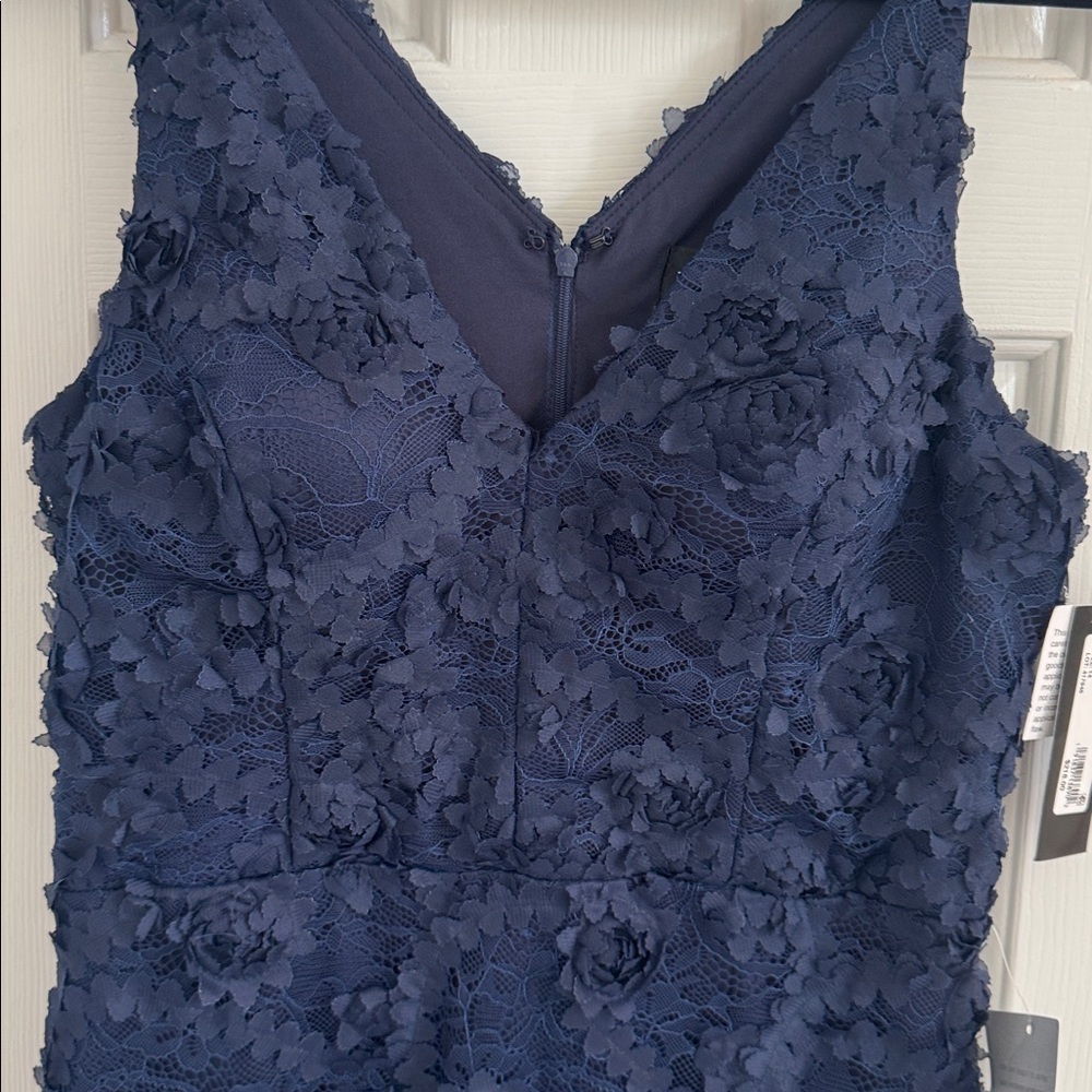 NWT Xscape Navy Lace  Dress w/ Navy Fabric Flowers Throughout - Picture 4 of 13